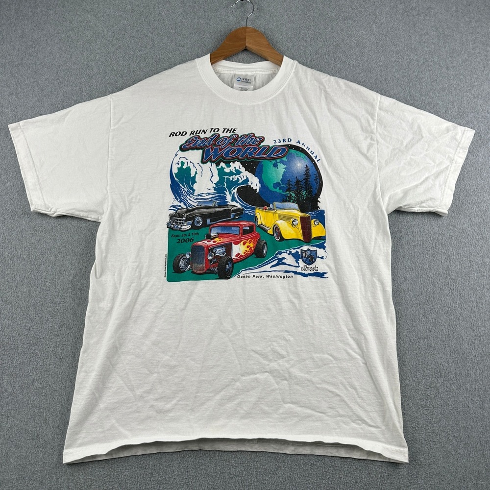 Port and Company T Shirt Mens Large White Rod Run End of the World Hot Rod 2006